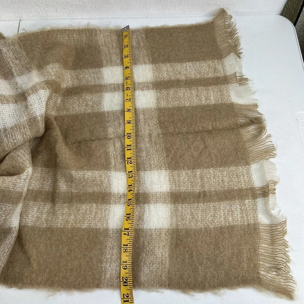 Astor One Scarf Wool Blend Tan Plaid Wrap‎ Vintage Made Japan Fringe Fuzzy Shawl